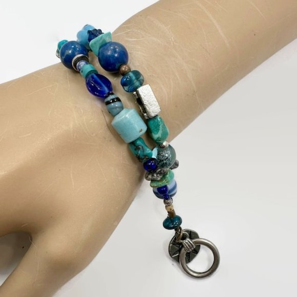 Turquoise Bracelet, Glass, Blue, Pyrites, Sun, Multi-Strand, Beaded, Artisan - Picture 4 of 6